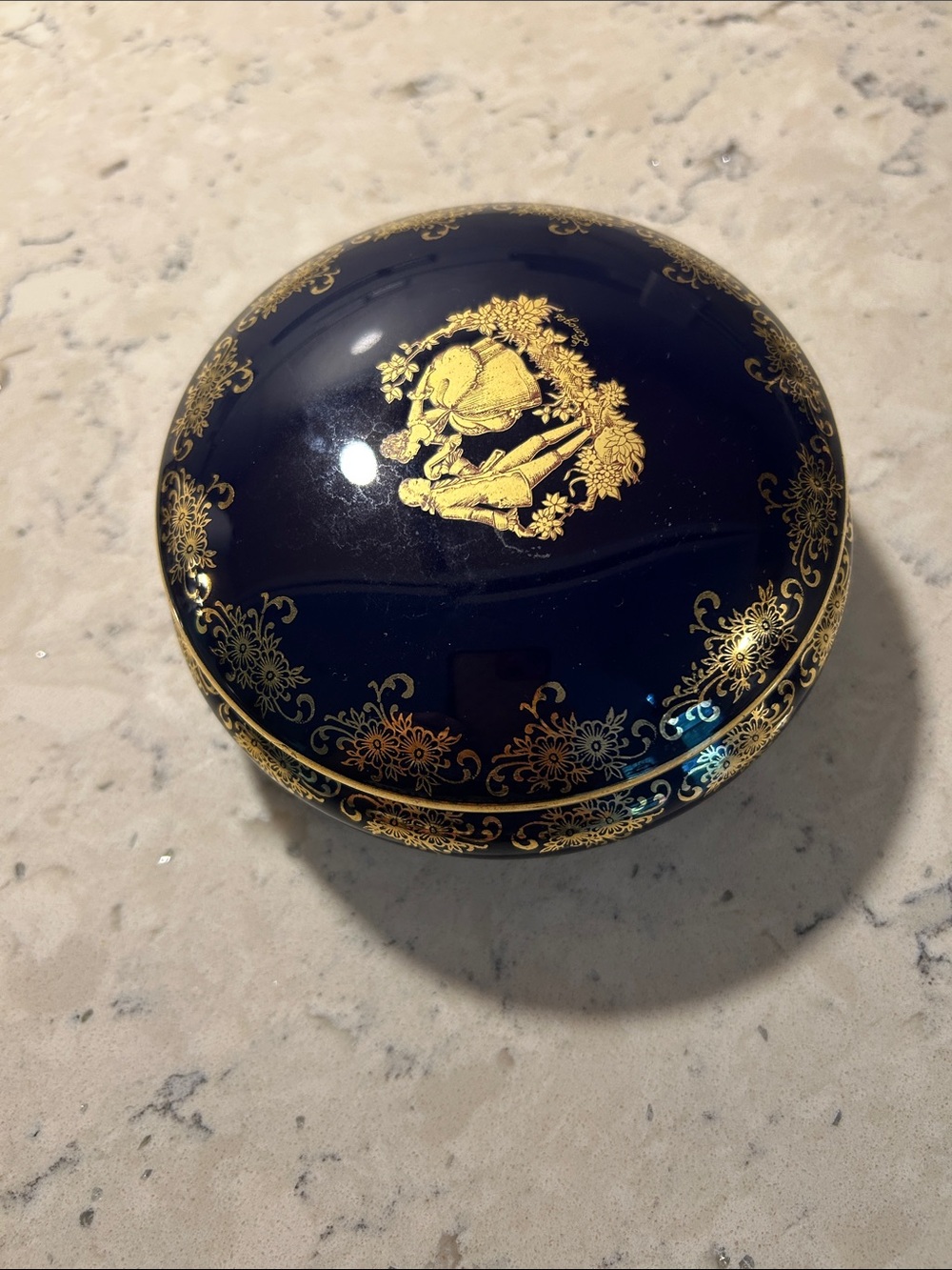 Limoges of France Navy and Real Gold Decorative Round Trinket Box